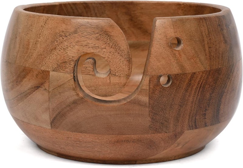 EDHAS Acacia Wood Yarn Bowl Holder | Handmade Holder with Holes | Yarn/Wool/String Storage Accessory (7" x 7" x 4") - Image 2